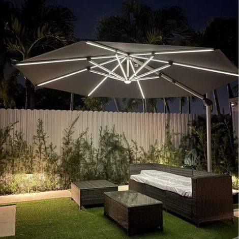 PURPLE LEAF Parasol Déporté Extérieur 3,3 m Rond avec LED, Parasol de Jardin Luxe, Adapté pour Piscine, Jardin, Balcon et Terrasse, Gris