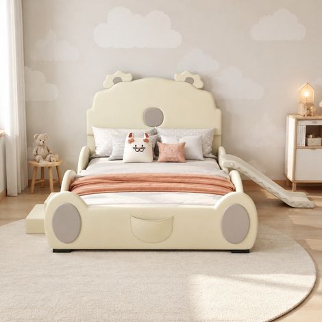 Kinderbett 140x200 cm beige aus PU und MDF mit Rutsche und Leiter, Bärenmotiv (1/5)