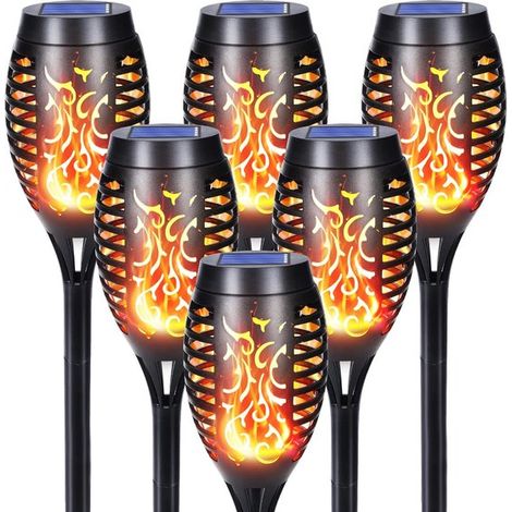 6 luces solares para exteriores，luces solares LED para exteriores，ideales para el jardín，con efecto de llama realista，resistentes al agua (1/5)