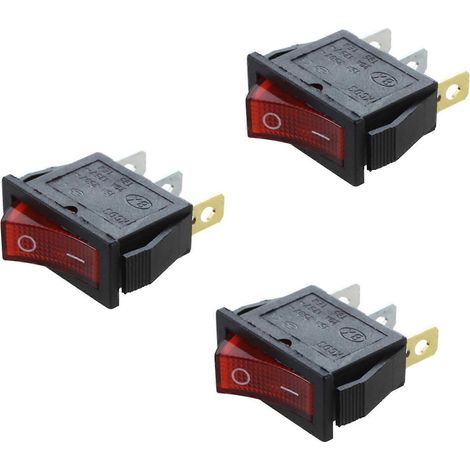 Interrupteur à bascule 3X ON OFF, bipolaire lumineux, 28 x 10 mm, 250 V, 15 A, 3 bornes, rouge (1/5)