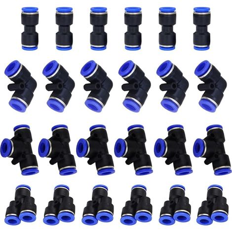 24 Pcs Connecteur Pneumatique Raccord Pneumatique 1/2 pouce Raccords Rapide Air comprimé 4 Formes pour Etancher Raccord Tube Air Comprimé-Type-Y/T/Droit/Angle (1/4)