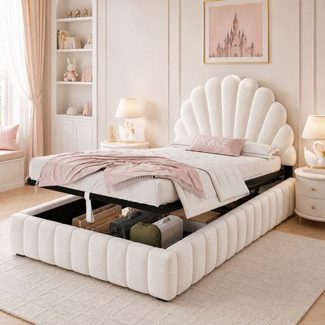 Lit enfant rembourré 90x200 cm avec coffre, velours beige, tête fleur (1/5)