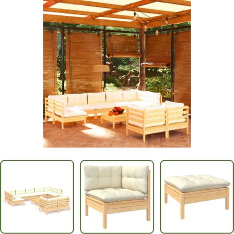 Terrassensofa - 10-tlg. Garten-Lounge-Set mit Creme Kissen Massivholz Kiefer (1/5)