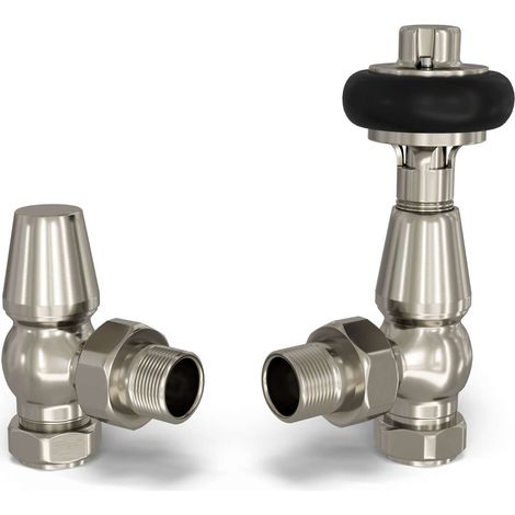 Signature Wooden Head - Silver Nickel Thermostatic Radiator Valve & Lockshield Angled 15mm