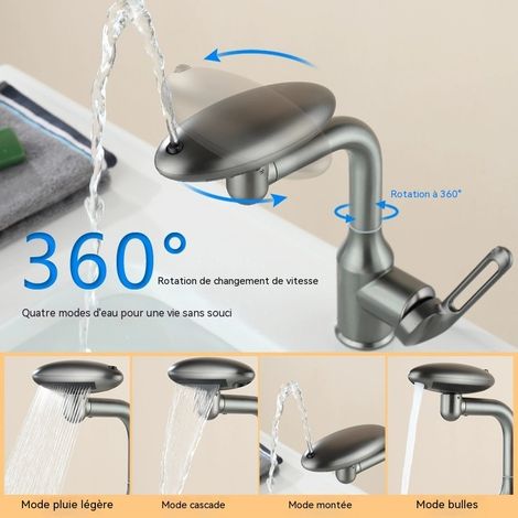 Robinet de Lavabo Rotatif à 360°, 4 Modes d'Eau, Mitigeur Eau Froide et Chaude, Gris Gun Métal, pour Salle de Bain (1/5)