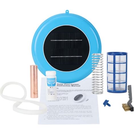 Ioniseur de Piscine Solaire Cuivre Argent ION Purificateur de Piscine RéSistance Aux Algues Purificateur de Natation en Plein Air à Faible Teneur en Chlore (Bleu) (1/5)