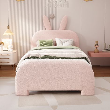 Lit enfant 90x200 lapin cartoon rose, laine douce, 2 tiroirs gauche/droite, 150 kg (1/5)