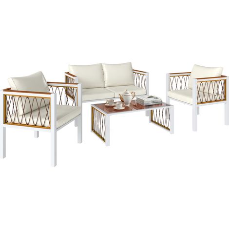 Outsunny 4 Seater Rattan Garden Furniture Set with Metal Frame, Cream White