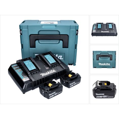 Makita Power Source Set de 2 Batteries BL1860B 6,0Ah 18V + Chargeur rapide double DC18RD + Coffret Makpac (2x 197422-4) (196933-6)