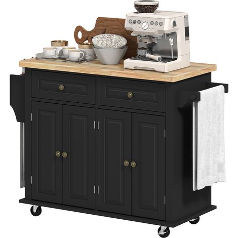 HOMCOM Desserte ilôt de cuisine multi rangements 2 tiroirs 2 placard 2 portes avec étagère range-bouteille porte-torchons et étagère réglable MDF noir hévéa