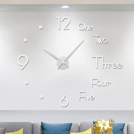 DIY Frameless Mute Large Wall Clock 3D Mirror Sticker Metal Big Watches Wall Clock for living Room Kitchen Home Office Decoration (Silver) (1/5)