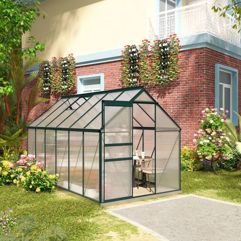 Serre de jardin en polycarbonate 190x375x199cm - cadre en aluminium - avec fenêtre ouvrable et porte coulissante - vert (1/4)