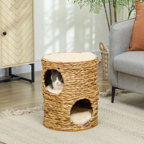 Tiragraffi a cilindro, 50 cm, 2 cavità, cuscino, albero per gatti con cuccia, torre per gatti in giacinto d'acqua, marrone chiaro (1/5)