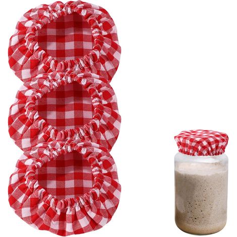 3pcs de Couvercles en Tissu pour Bocaux de Démarrage au Levain, 11x11x0,5cm Couvercles de Pots en Tissu de Coton Couvercle de Fermentation de Pain non Blanchi (Rouge) (1/5)