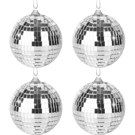 Set mit 4 facettierten Kugeln, 10 cm Discokugeln, kleine Discokugeln, geeignet für Weihnachtsbäume, Hochzeitsdekorationen, Bardekorationen und Heimdekoration (silber) (1/5)
