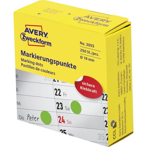 Avery Zweckform 3855 Markierungspunkte, Ø 19 mm, 1 Rolle/250 Etiketten, grün (1/5)