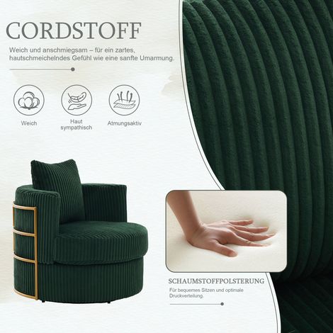 Sillón giratorio de 360° de pana con reposabrazos acolchados de espuma suave de alta densidad y espacio de almacenamiento bajo el asiento ideal para dormitorios y salas de estar (pana verde oscuro). (1/5)