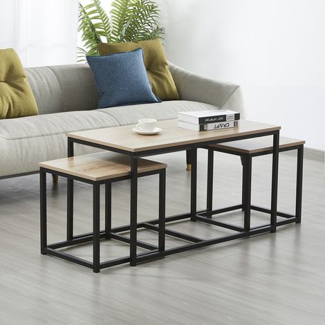 Le Quai Des Affaires – Lot de 3 tables basses gigognes – Décor chêne blanchi – Piètement métal noir – Dimensions 90x45x50,5 cm – Montage facile (1/5)