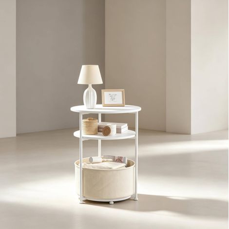 Tavolino rotondo con cestello contenitore in tessuto, metallo bianco, Ø43 x H56 cm DESVIAE (1/5)
