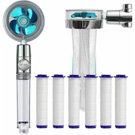 Wassersparende Handbrause mit Antikalkfilter - 360° drehbarer Duschkopf - 6 PP-Baumwollfilterelemente (Blau)