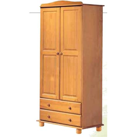 Armario ropero 2 puertas 2 cajones madera de pino maciza acabado miel, 197cm(alto) 90cm(ancho) 52cm(largo) (1/3)
