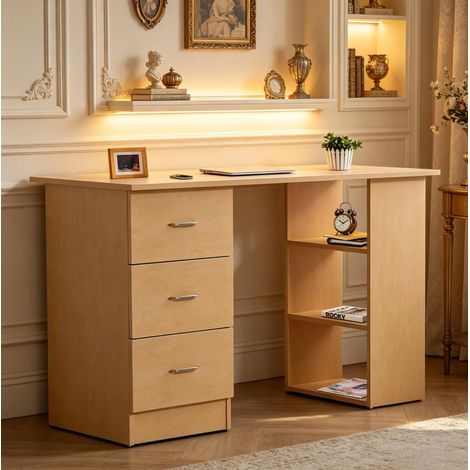 Scrivania 120 cm con 3 cassetti e 3 ripiani modulari, MDF legno chiaro DESVIAE (1/5)