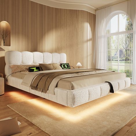 Lit coffre 140 x 200 cm, lit adulte avec rangement, rangement hydraulique, éclairage LED, connectique USB, sommier à lattes inclus, tissu, beige (1/5)
