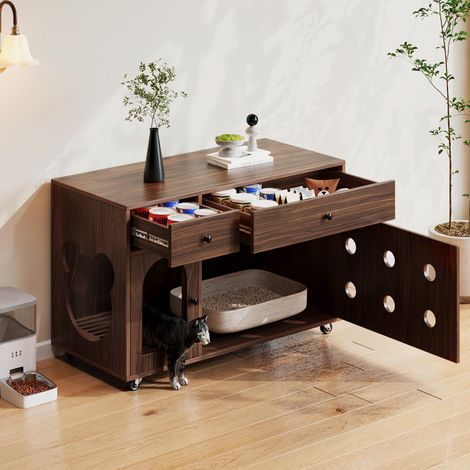 Katzentoilette-Möbel mit Schubladen, 100 x 45 x 66 cm, Walnuss HAVRYA (1/5)