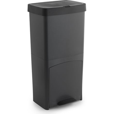 Poubelle de tri sélectif à pédale, poubelle de recyclage – 3 compartiments coloris noir, 70 L - Longueur 39 x Profondeur 30 x Hauteur 76 cm (1/5)