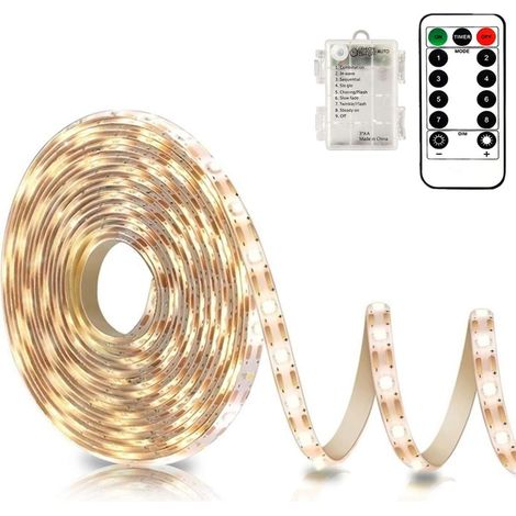 Bande LED à piles avec télécommande, blanc chaud, 8 modes, intensité réglable, minuterie, autocollante, sécable, étanche, 3 m (9,8 pi).