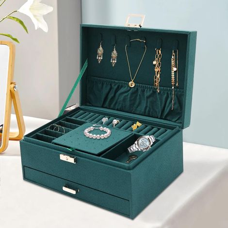 Boîte à bijoux avec serrure pour femmes, Boîte de rangement à 3 couches pour montres, colliers et bagues en flanelle verte (1/5)