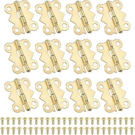 CCYKXA Mini-Scharniere für Schmuckkästchen, 20 mm, 12 Stück 90°-Mini-Schmetterlingsscharniere mit 48 Schrauben für Schränke, Holzkisten, Schubladen, Bastelarbeiten, Gold (1/5)