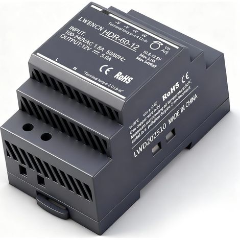 Alimentation Sur Rail DIN 12V DC 5A 60W Entrée 100-240V AC 50/60 Hz Transformateur Sur Rail DIN pour l'Automatisation Domestique ou Industrielle (1/5)