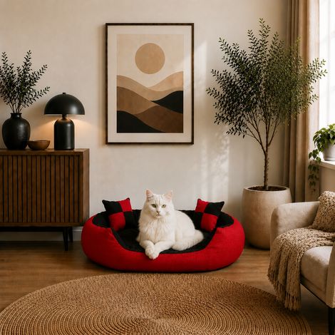 belviona Katzenkörbchen 4-in-1, wendbares Katzenbett mit niedrigem Einstieg, kratzfest & wasserabweisend, 85x70 cm, rot/schwarz (1/5)