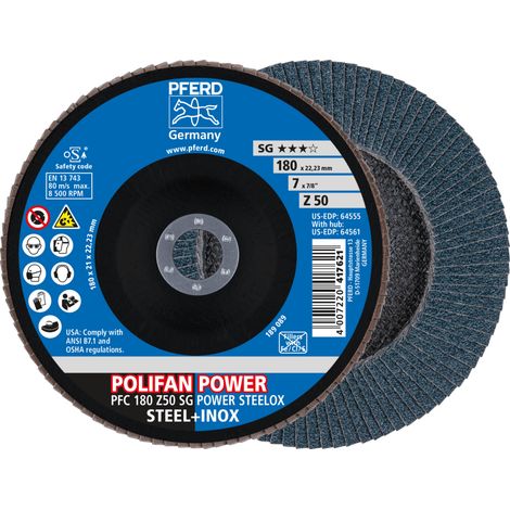 PFERD TOOLS POLIFAN POWER Fächerscheibe PFC 180x22,23 mm konisch Z50 Leistungslinie SG STEELOX für Stahl/Edelstahl 10 Stk
