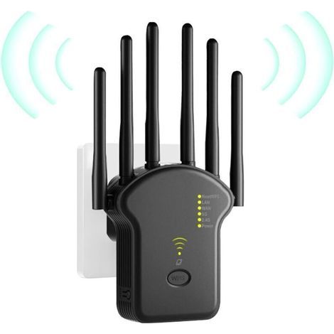 Répéteur WiFi, Amplificateur WiFi, Repeteur WiFi Puissant 1200Mbps Double Bande 5GHz & 2.4GHz, WiFi Booster, WiFi Extender avec 6 Antennes, LAN/WAN Ports, Mode Répéteur/Routeur/AP (1/4)