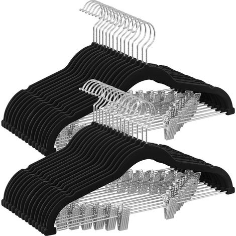 Kleiderbügel für Hosen, Röcke, Kleider, Jacken und Mäntel – Set mit 24 rutschfesten Kleiderbügeln mit einziehbaren Clips, samtiger Oberfläche, 360° drehbarem Haken, Schwarz