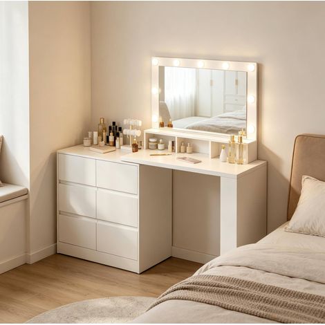 Tocador 170x40x134.5 cm blanco en madera engineered con espejo LED regulable y cajonera modular (1/5)