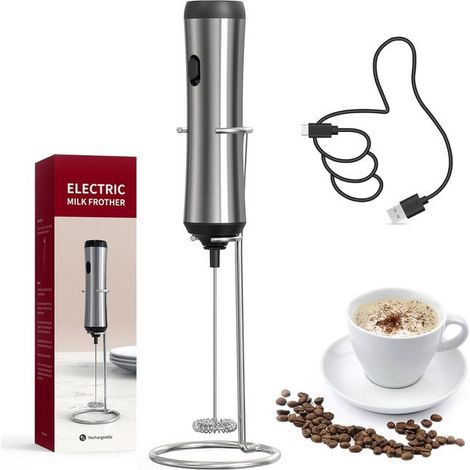 Mousseur à lait électrique rechargeable mini, mixeur à boissons pour café cappuccino latte matcha, argenté, fouet portatif (1/3)