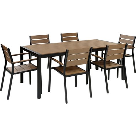 Conjunto de jardín 6 plazas de metal negro madera clara plástica mesa sillas Vernio