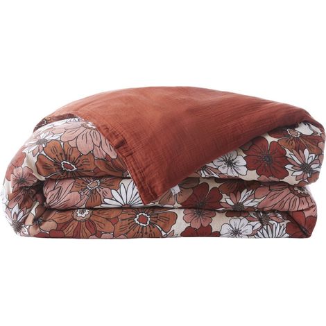 Housse de couette 140x200cm gaze de coton imprimé Floral coloris terracotta - ANASTASIA