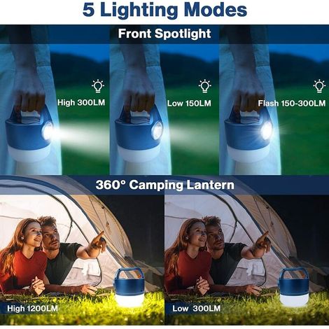 VURAHOME – Wiederaufladbare USB- oder Solarlaterne, 2400 mAh Campinglampe, 5 Modi, wasserdicht, tragbare Hängelampe für Camping, Lesen, Heimwerken, Notdienste, Garage, Keller (1/4)