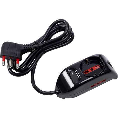 Multipresa con spina 16A piegata a 90°, 1 presa schuko 10A/16A e 2 prese 10A/16A, cavo 1,5 metri, con interruttore, nero, serie Emilia - Rosi RS94004 (1/3)