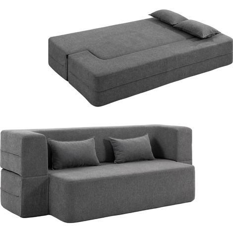 2-Sitzer-Schlafsofa aus Schaumstoff, Schlafcouch mit breiten Armlehnen, 2 Kissen, 360 kg Belastbarkeit, Grau