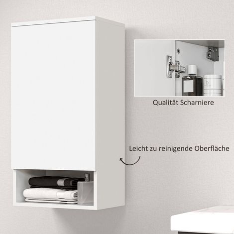 Armoire murale blanche avec portes, meuble suspendu pour salle de bain ou cuisine, étagères réglables, compartiment ouvert, placard de toilette à fixer au mur, 40 x 27 x 77 cm (1/5)