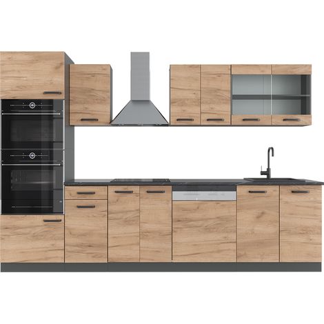 Cucina componibile R-Line, Quercia dorata/antracite, 300 cm con armadio alto, PL Antracite, Vicco