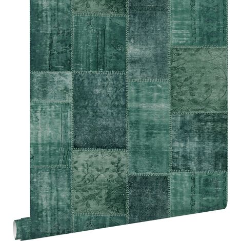 papier peint tapis patchwork kilim oriental vert émeraude intense  - ESTAhome