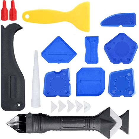 Kit 19 outils 3 en 1 calfeutrage silicone, finition et grattoir joints pour cuisine, salle de bain, fenêtres, sols (1/5)