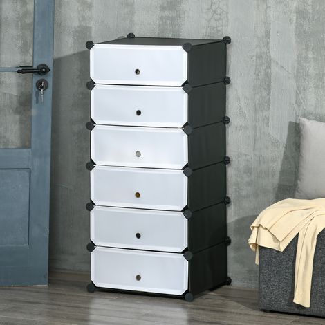 Modulares Schuhregal, Schuhaufbewahrung mit 6 stapelbaren rechteckigen Kunststoffwürfeln, Kapazität für 12 Paar Schuhe, 49 x 36,5 x 108 cm, weiß