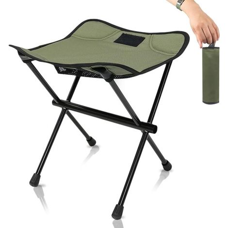 Tabouret de camping pliable léger vert armée, avec sac de transport, charge jusqu'à 100 kg, pour camping, pêche, randonnée, barbecue, voyage et intérieur (1/5)